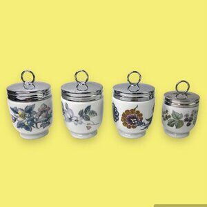 VTG Royal Worcester England Egg Coddlers Cups 4 PCS Stainless Tops Floral White